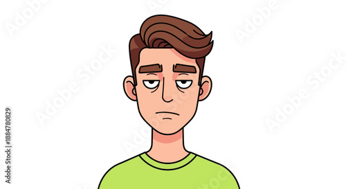 A cartoon man with a displeased expression looking directly at the viewer with a simple green shirt