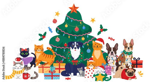A festive Christmas scene featuring animals gathered around a decorated tree with gifts