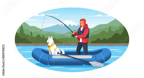 Man fishing with dog on inflatable raft in serene lake surrounded by mountains