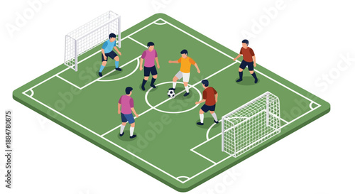 Isometric soccer game in progress on a green field with players in action from a top-down viewpoint
