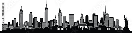 New York City skyline silhouette with iconic skyscrapers and Statue of Liberty, urban cityscape illustration representing architecture, travel, downtown panorama, and modern metropolitan lifestyle
