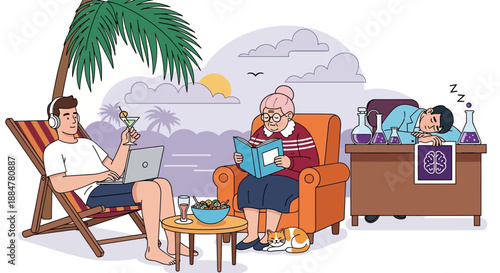 Relaxed family enjoying leisure time together on a serene beach vacation with technology and books