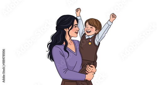 A woman holding a happy child aloft with joyful expressions in a digital illustration from a straightforward viewpoint
