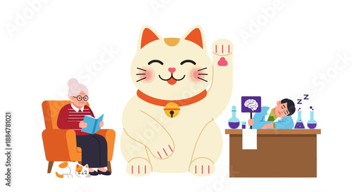 Cartoon cat illustration waving at an elderly person sitting in a chair with a person working at a desk