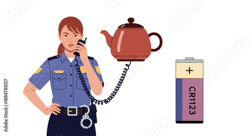Female police officer communicating on phone next to a kettle and battery