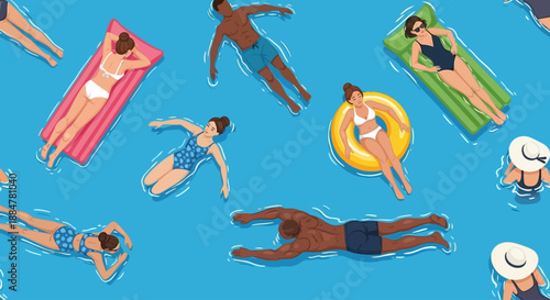 People Relaxing on Inflatable Rafts in a Vibrant Swimming Pool Scene from a Top-Down Viewpoint