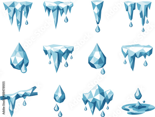 Icy Low-Poly Icons. Melting icicles and winter drip illustrated as a cohesive low-poly vector icon set built from angular