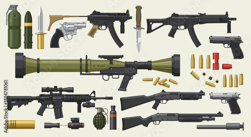 Collection of assorted firearms and military equipment displayed on a neutral background from a top-down viewpoint.