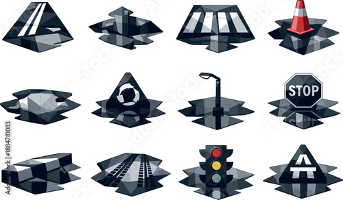 Minimalist Asphalt Icons. Shiny wet asphalt and puddle reflections represented through a professional low-poly vector icon set