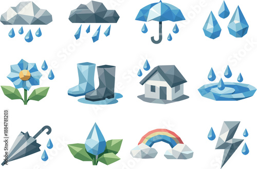 Low-Poly Spring Icons. Gentle spring showers and rainfall illustrated as a cohesive low-poly vector icon set built from angular