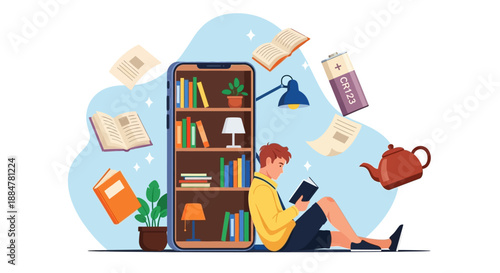 Man relaxing on floor surrounded by books and reading from a device beside a tall bookshelf