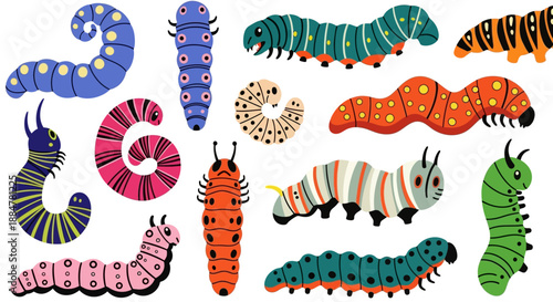 Vibrant caterpillar illustrations arranged in a visually appealing grid pattern