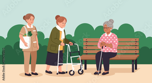 Elderly woman being assisted by caregiver while walking with a walker in a serene park setting with another elderly woman seated on a bench