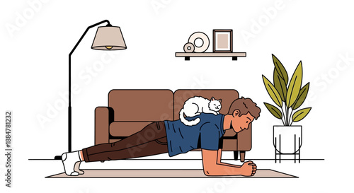 Man performing plank exercise on yoga mat in living room with sofa and lamp