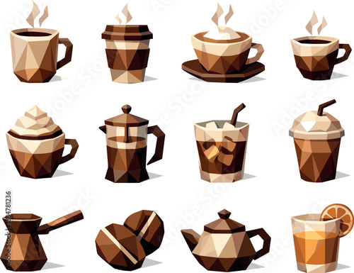 Morning Coffee Icons. Coffee cups and morning beverages illustrated as a cohesive low-poly vector icon set built from angular