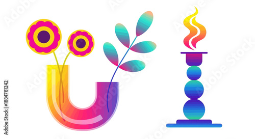 Vibrant illustration of abstract shapes and candle flame, symbolizing creativity and warmth in a stylized digital art format from a frontal viewpoint