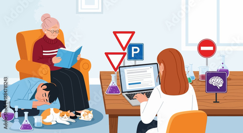 A woman working on a laptop sits at a desk while another woman relaxes on a couch reading a tablet in a modern office environment