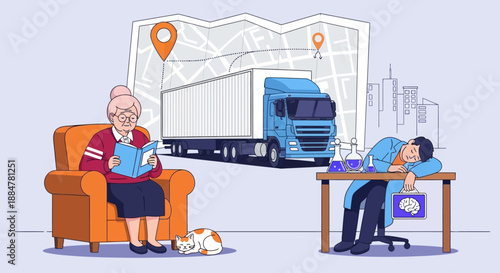 Elderly woman tracking delivery truck while office worker views package details on computer