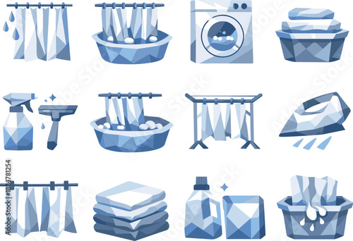 Minimalist Laundry Icons. Low-poly vector icon set for washing curtains and home laundry, featuring angular polygonal geometry,