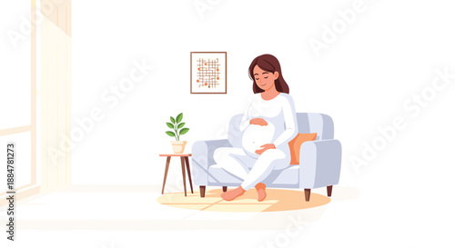 Calm pregnant woman comfortably seated in an armchair, gently cradling her belly, surrounded by home decor like a plant and picture frame, reflecting peace and maternal joy.