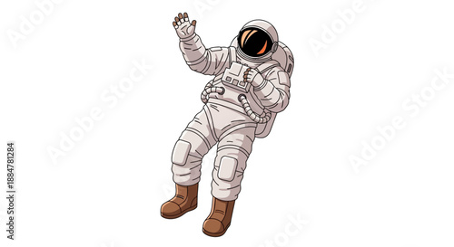 Astronaut floating in space with a joyful gesture, viewed from below, cplus69 illustration