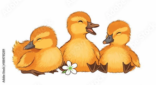 Three yellow ducklings with one singing, surrounded by a small white flower in a serene illustration