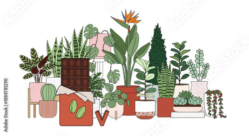 An assortment of diverse plants and flowers arranged in various pots displayed from a straight-on viewpoint