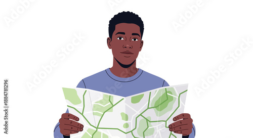 Man holding a map, navigating through a route, outdoors, illustration, close-up view