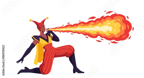 Dynamic illustration of a jester blowing fire from mouth, showcasing vibrant colors and energetic pose