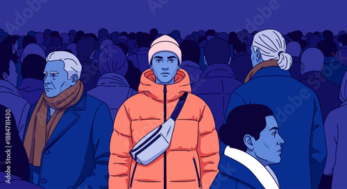 Crowd of people walking in various directions with focus on a central figure wearing a bright orange jacket and beanie