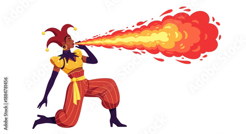Jester firing energy blast from mouth in dynamic pose, cartoon character illustration