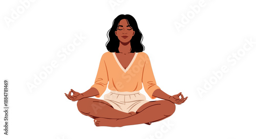 Woman meditating peacefully in a serene environment, depicted in a digital illustration from a front viewpoint