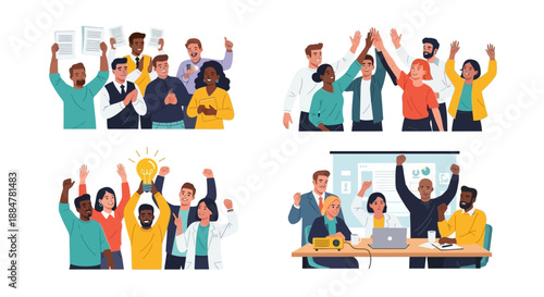 Diverse group of people celebrating success and achievement in a modern office environment from a bird's eye view