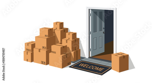 Hefty stack of cardboard moving boxes positioned beside an open white door with a "Welcome" mat, representing the excitement and logistics of relocating to a new residence.