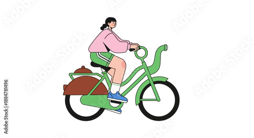 A woman riding a green bicycle with a brown bag on the back, depicted in a simple, illustrative style with bold lines and bright colors.