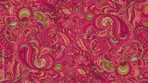 Vibrant floral pattern with swirling shapes and paisley designs in a rich red and gold color scheme