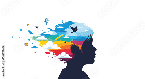Child's silhouette with colorful, abstract elements bursting from its head, including clouds, stars, and a flying bird, symbolizing unrestrained imagination, freedom, and artistic expression.