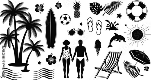 Summer vacation silhouette set with tropical beach elements, palm trees, couple, surfboard, dolphin, sun, and seaside holiday lifestyle illustration