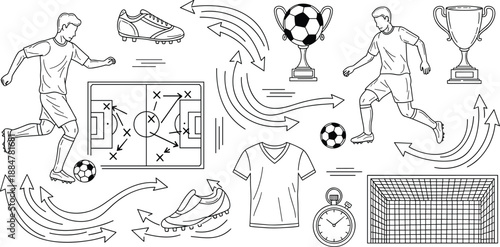 Soccer strategy and equipment illustration with players, tactics board, ball, trophy, and gear, dynamic football training concept for sport education and game analysis