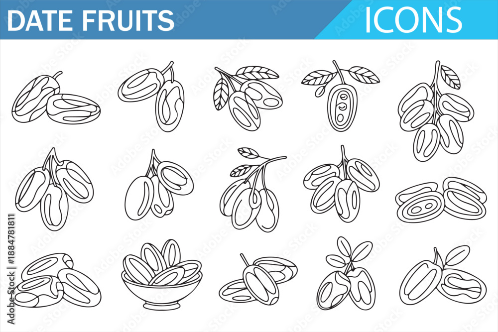 Fototapeta premium Black and White Date Fruit Sketch Icons for Food Design