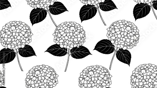 Illustration of dahlia flowers with leaves in a repeating pattern on a white background from a direct viewpoint