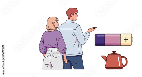 Couple standing together with man pointing at a battery and kettle nearby in a domestic setting illustration
