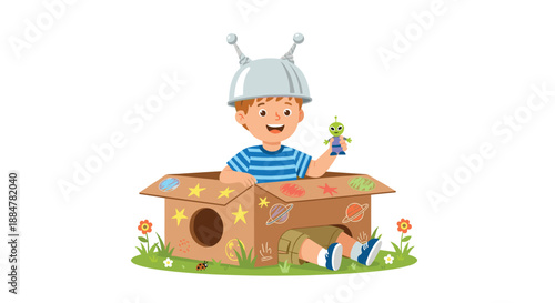 Happy child wearing a whimsical alien hat, playing inside a creatively decorated cardboard box spaceship, holding a small toy alien, fostering imagination and creative play.