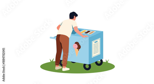 Man using laptop on blue cart with child in urban outdoor setting