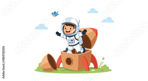 Joyful child dressed as an astronaut playfully emerging from a cardboard toy rocket box in a sunny grassy field, symbolizing imagination, adventure, and the dream of space exploration.