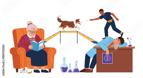 Elderly woman relaxing on armchair while man and dog engage in acrobatic stunt above sleeping person on bed