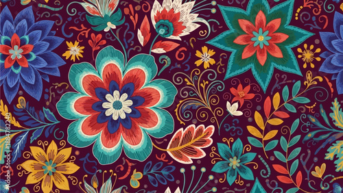 Vibrant floral pattern with intricate details and colorful flowers in a traditional design viewed from directly above