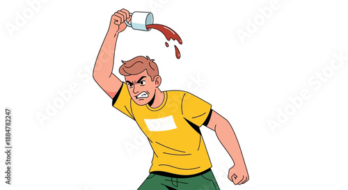 Man pouring red liquid from a cup with an angry expression, wearing a yellow shirt and green pants, in a dynamic pose