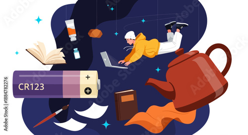 A vibrant illustration of people working together surrounded by office supplies and a large teapot in a creative workspace environment from an overhead viewpoint