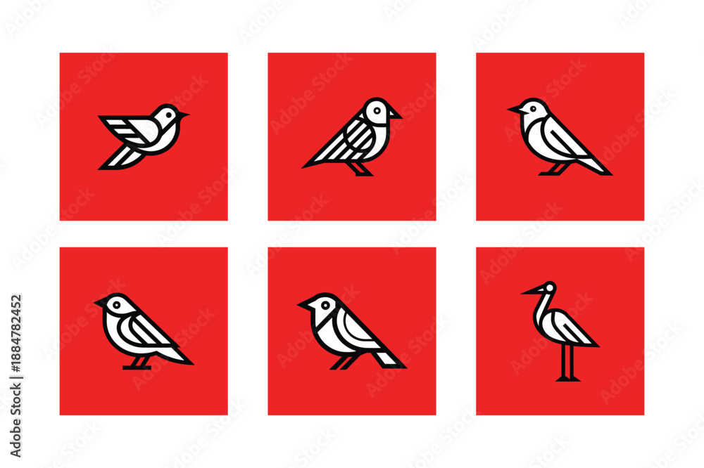 Fototapeta premium Bird Icons Set, Minimalist Wildlife Illustrations, Feathered Creatures Design